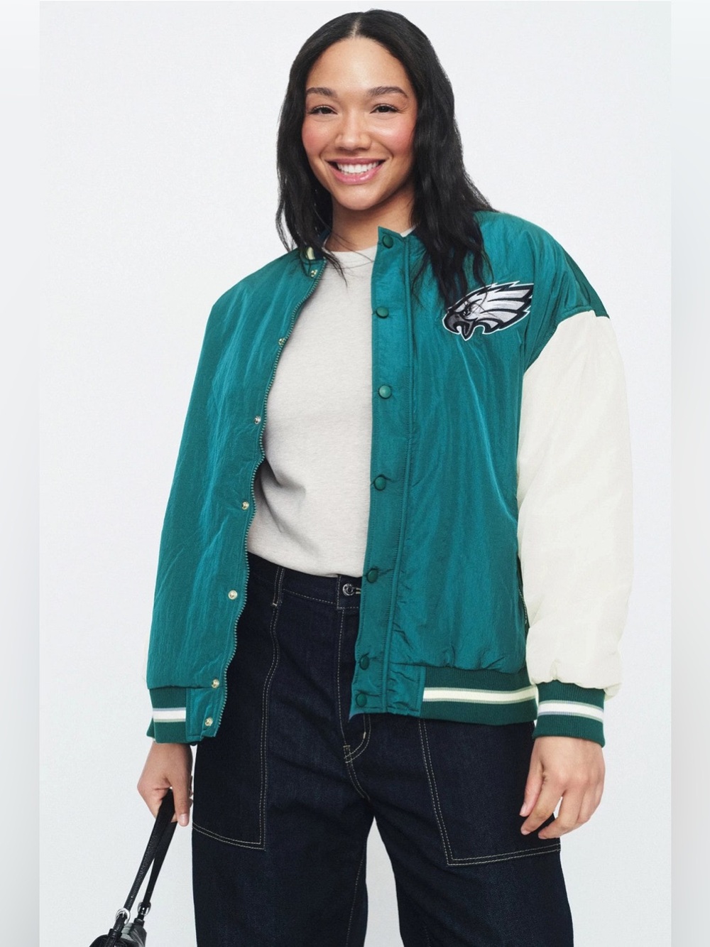 New! Terez  EAGLES Bomber Varsity Jacket 🦅🏈 Large Eagles Midnight Green + Sugar - Picture 8 of 12